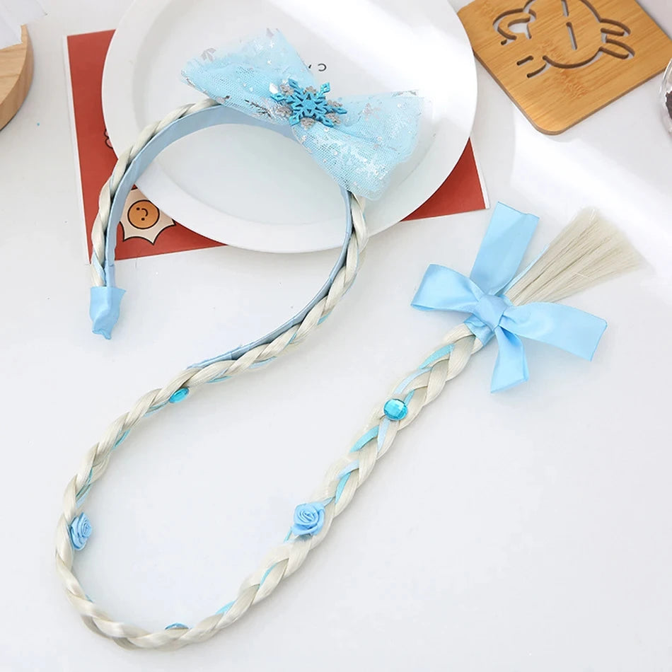 Girls Elsa Cosplay Headband Weaving Braid Tangled Snowflake Crown Headband Hair Accessories Girl Princess Bow Hair Ornament