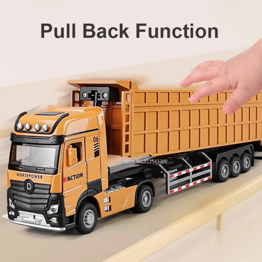1/50 Extended Dump Truck Model Toy Metal Diecasting Doors Opened Sound Light Pull Back Vehicle Models Ornaments 's Gifts