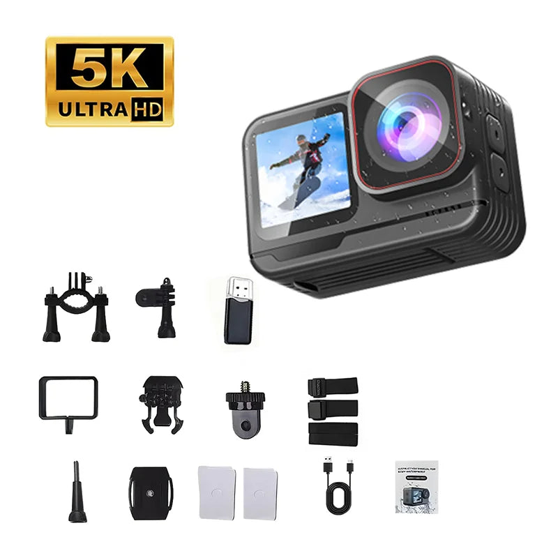5K Action Camera 4K60FPS Waterproof Sport Camera with 6-Axis EIS Touchscreen Dual Screen