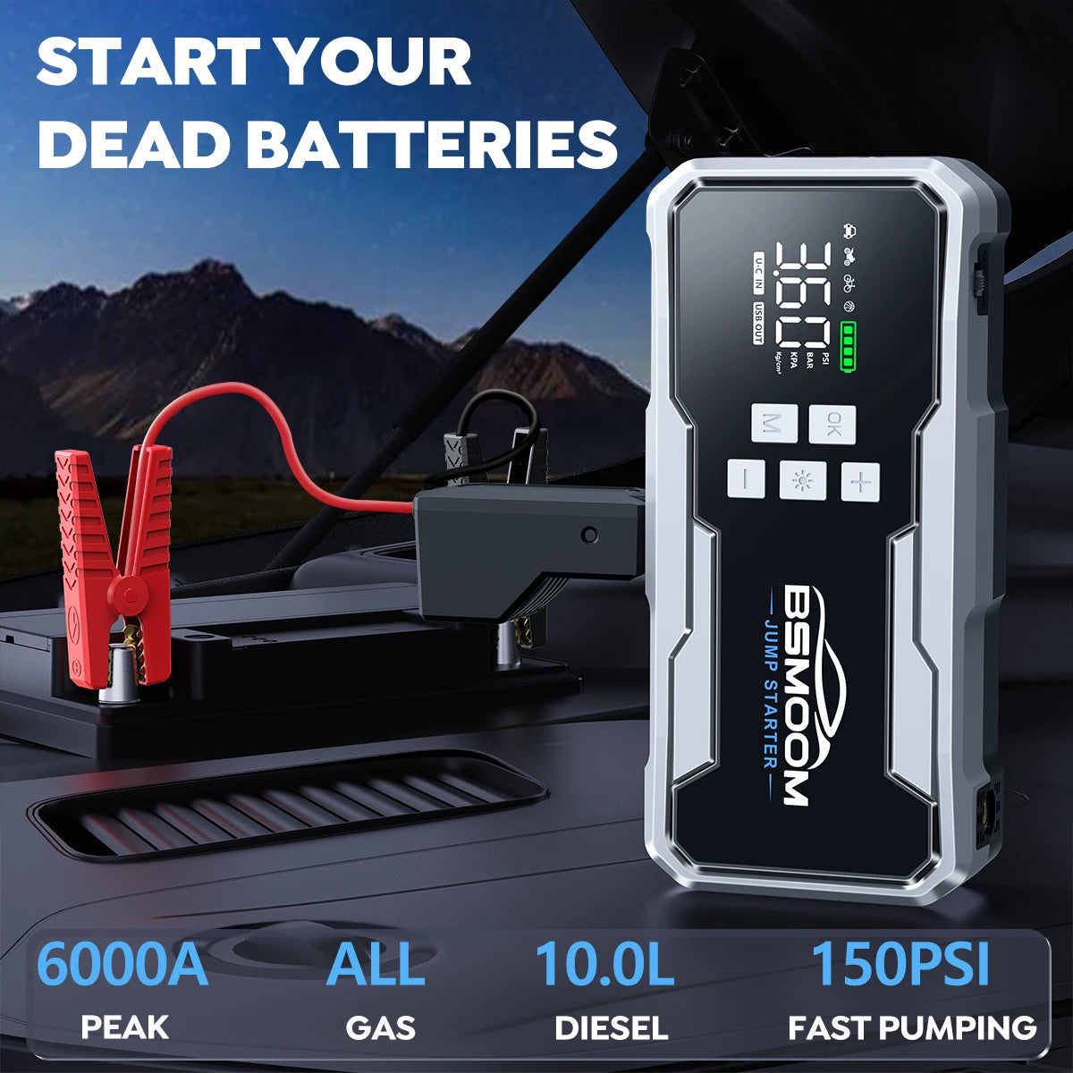 Car Jump Starter with Air Compressor, 6000A/7000A Portable Car Battery Booster (ALL Gas/10.0L Diesel) with 160PSI