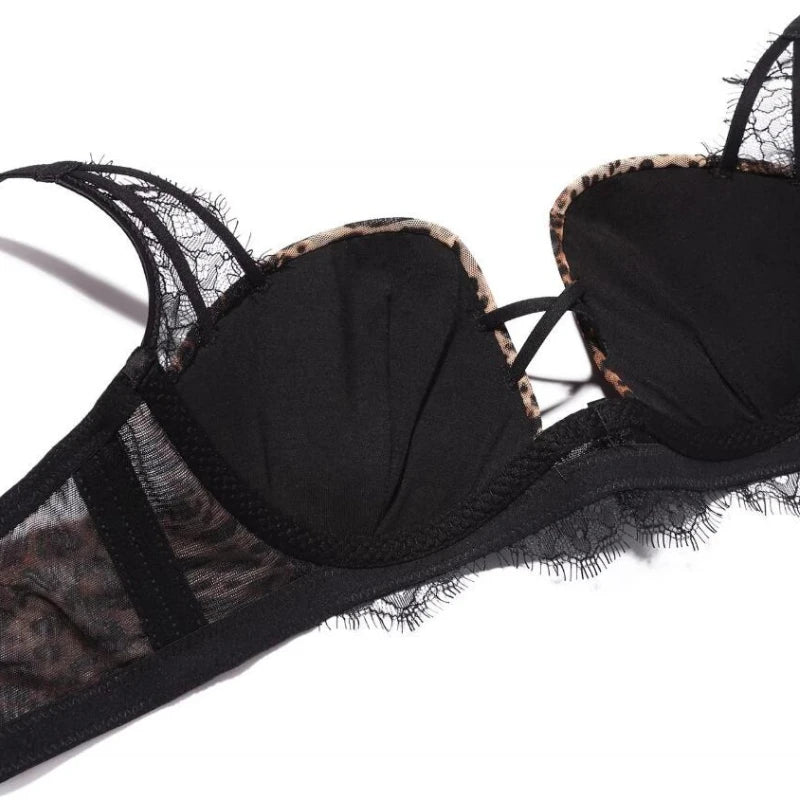 Womens Leopard Print Lace Push Up Bra and Brief Set
