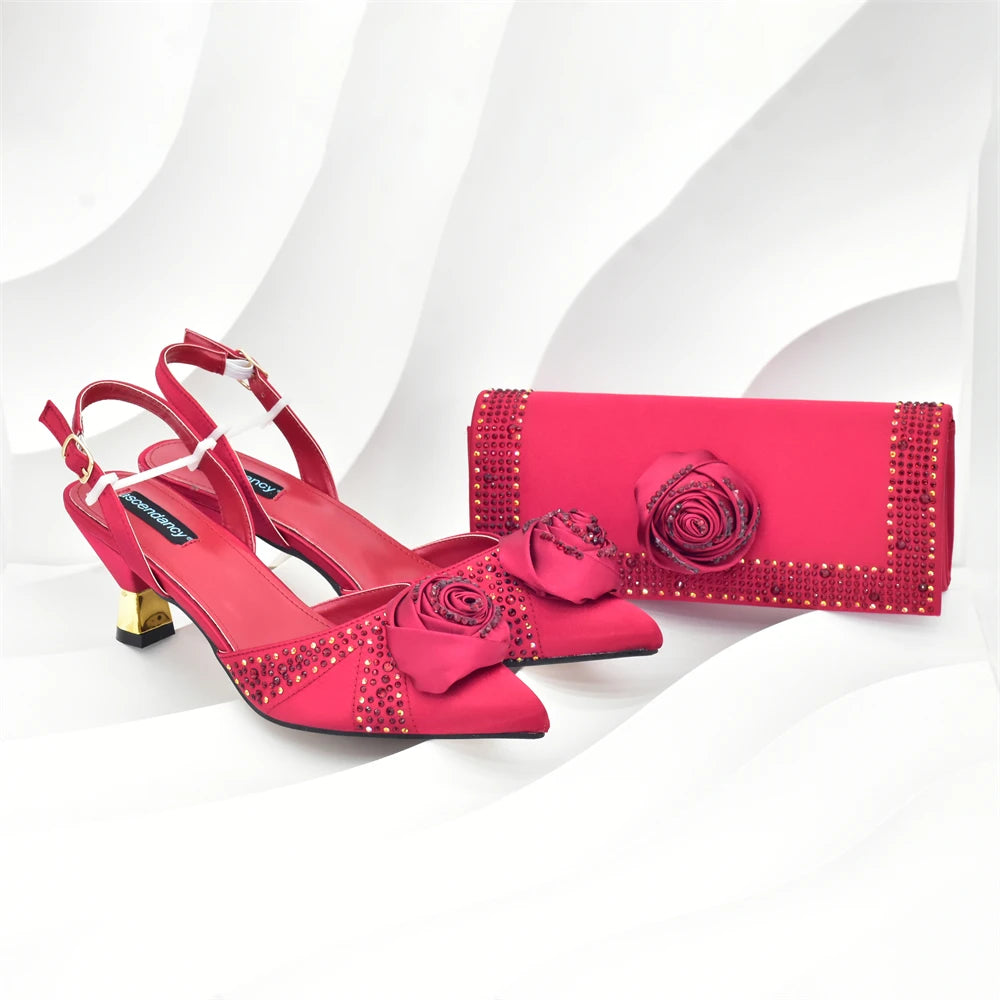 Italian Wedding Matching Shoes and Bags Decorated with Handmade Flowers Diamonds Pointed Toe Women Pumps with Purse