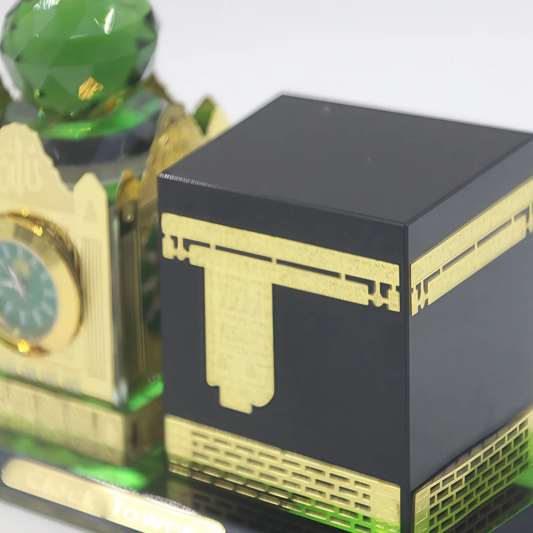 Islamic Crystal Kaaba Clock Tower Model Gilded Miniature Showpiece Religious Architecture Muslim Home Decor