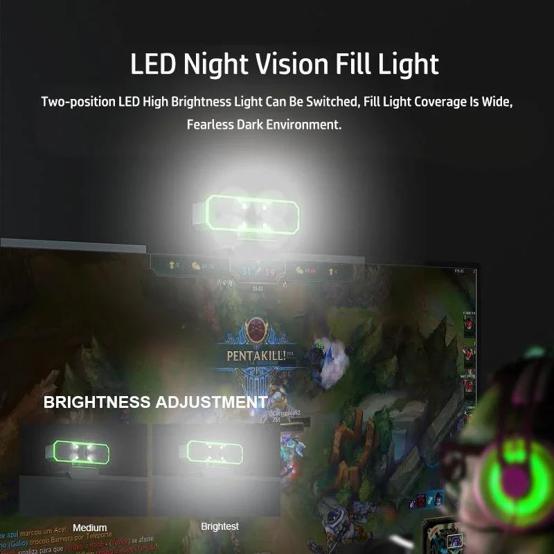 1080P Gaming Webcam 60FPS Autofocus Fill Light Camera Privacy Cover 7 Colors RGB Fill Light Stereo for Laptop Live Streaming