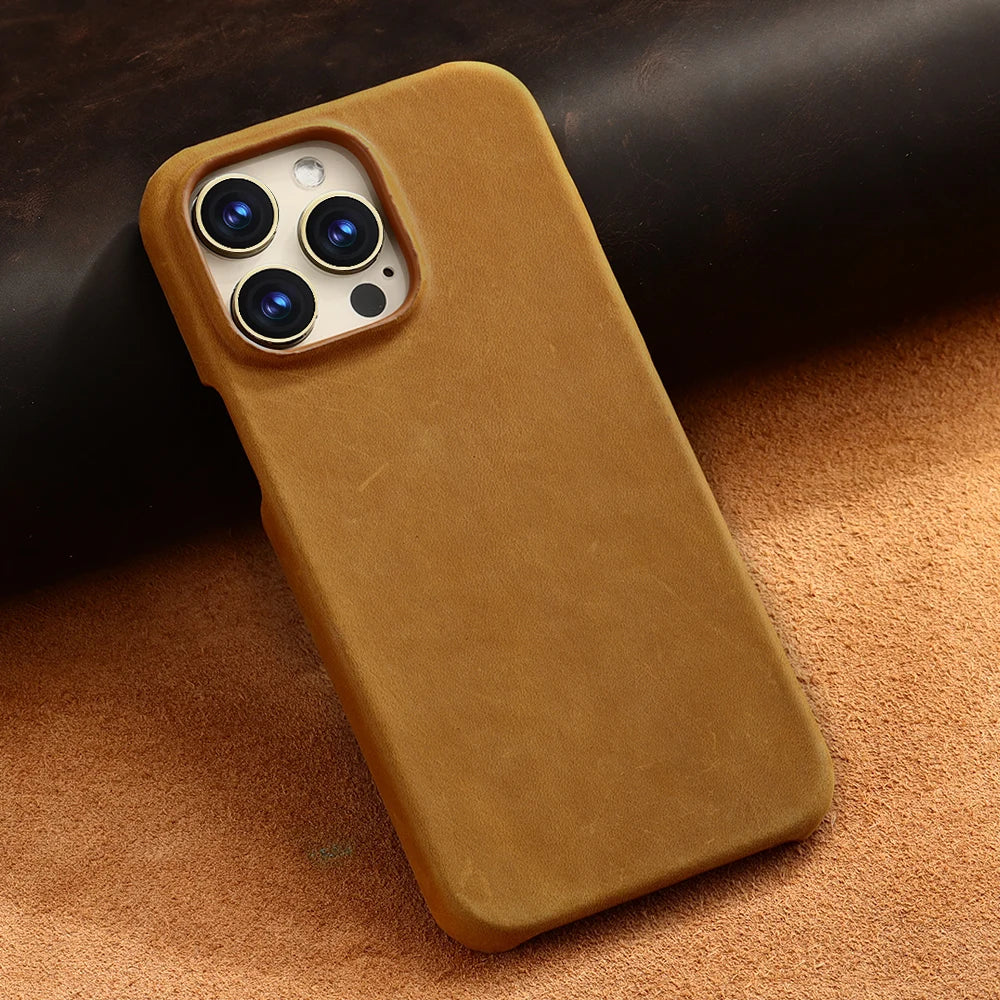 Retro Cowhide Phone Case for iPhone 16 15 14 Pro Max 16Pro 14Pro 15Pro Luxury Crazy Horse Genuine PULL-UP Leather Back Cover