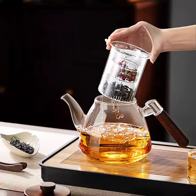 High Borosilicate Glass Teapot with Walnut Handle and Infuser