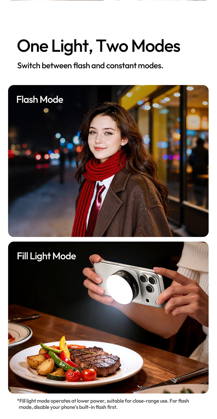 MFL01 Mini Magnetic Portable Phone Flash – 2500-8500K Bi-Color Dimmable Fill Light for iPhone & Android Vlog