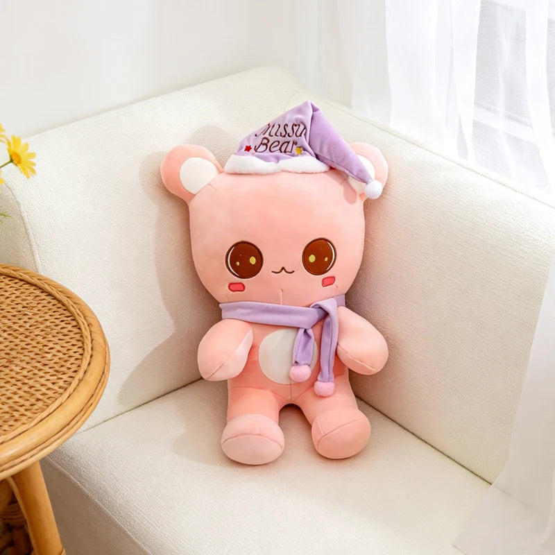 Cute Bear Plush Toy With Sleep Hat And Scarf Soft Pillow