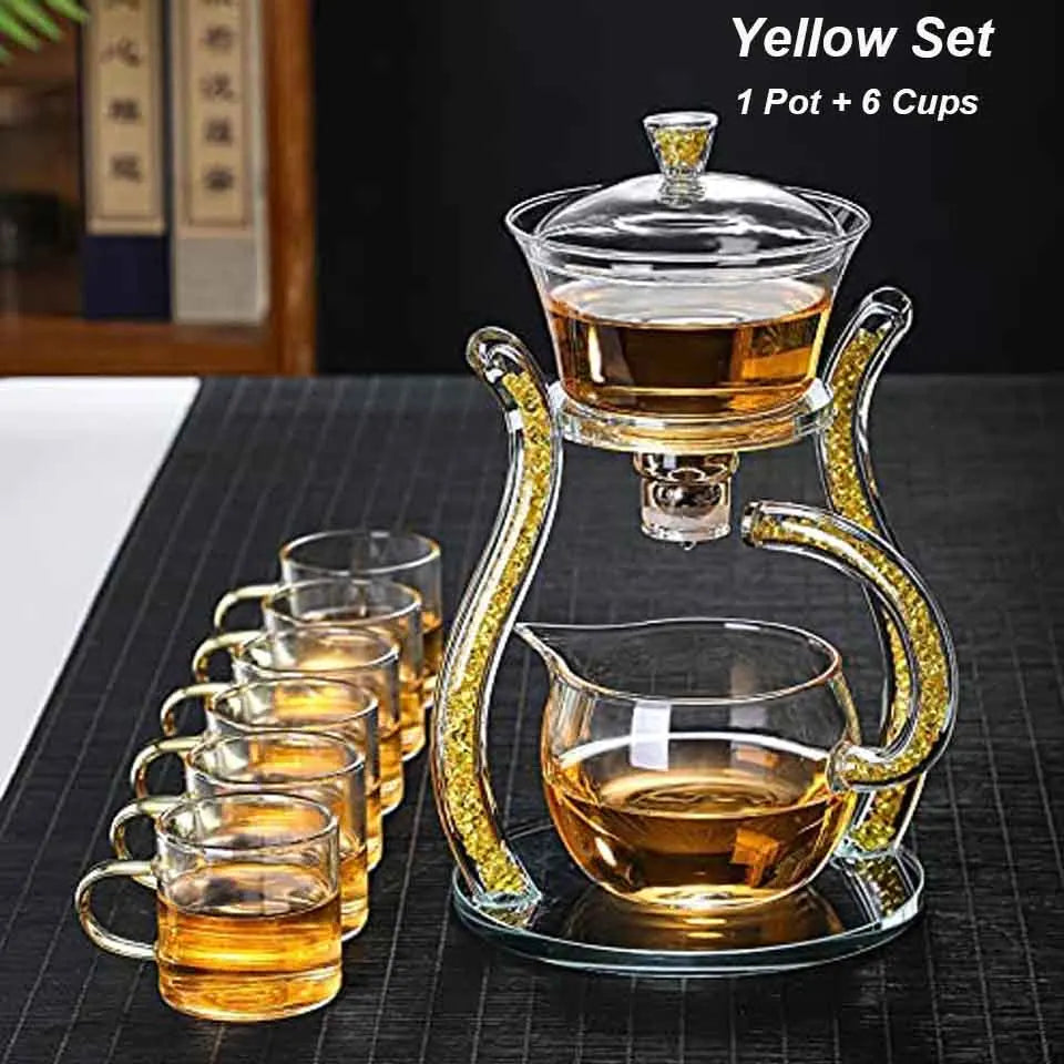 Glass Teapot Set Glass Automatic Lazy Tea Set Rotating Cover Kung Fu Heat-Resistant Teapot 6 Cups