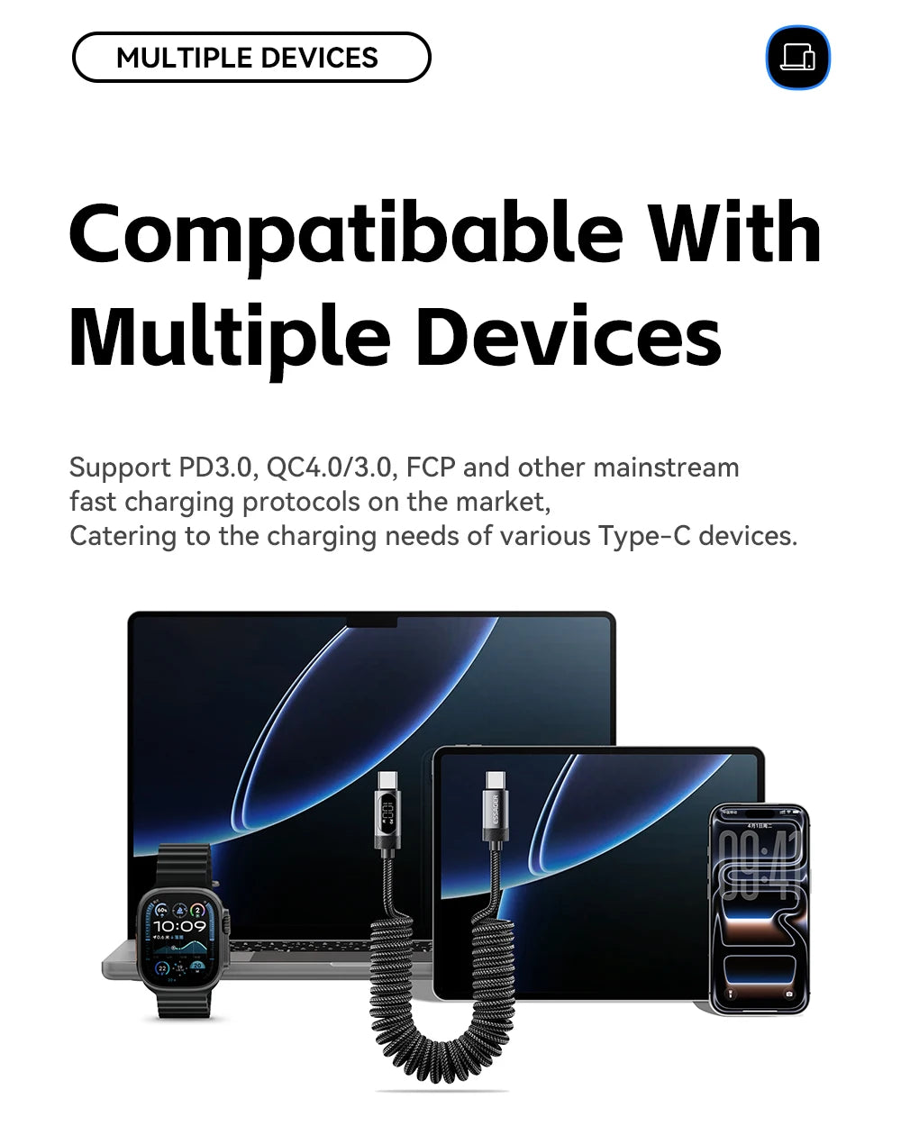 100W Car Spring USB-C to USB-C Fast Charging Cable (Retractable)