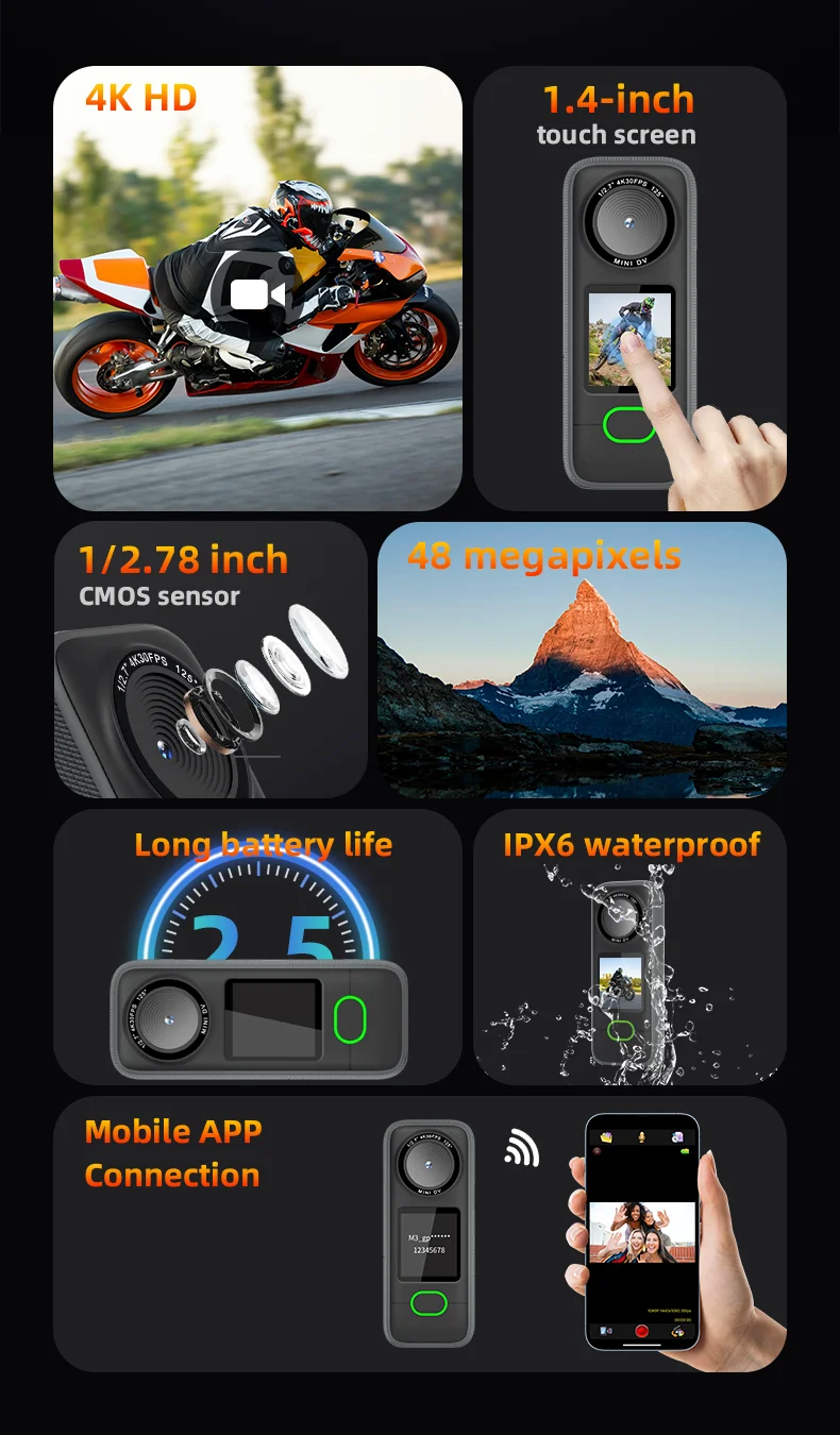 4K WiFi Action Camera Waterproof Mini Sports Camera with Touch Screen for Motorcycle Travel Body Cam