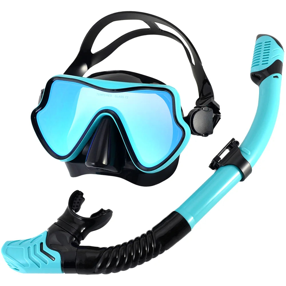 Snorkel Mask Set Silicone Swimming Goggles Diving Training Kit Dry Top Colorful Len Wide View Tempered Glass Anti-Leak Adults