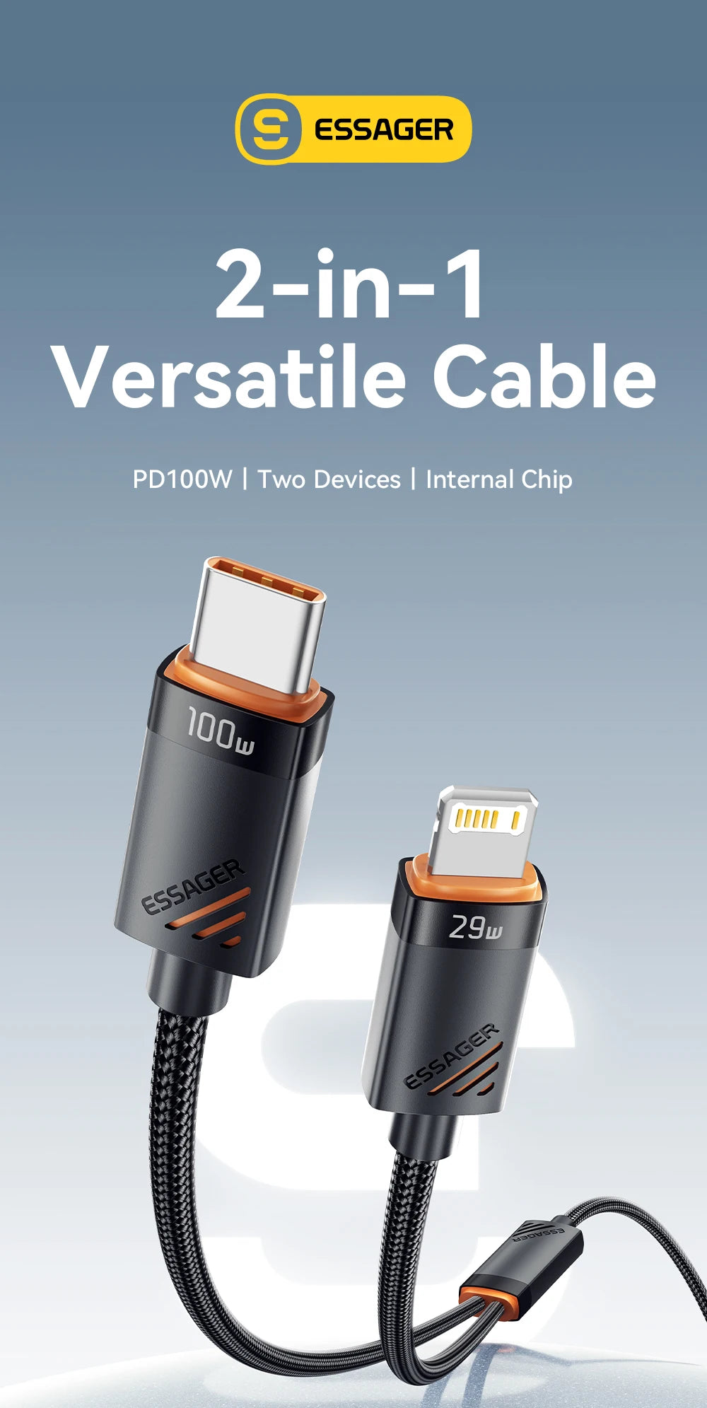 2-in-1 USB-C to USB-C + Lightning PD 100W Fast Charging Cable
