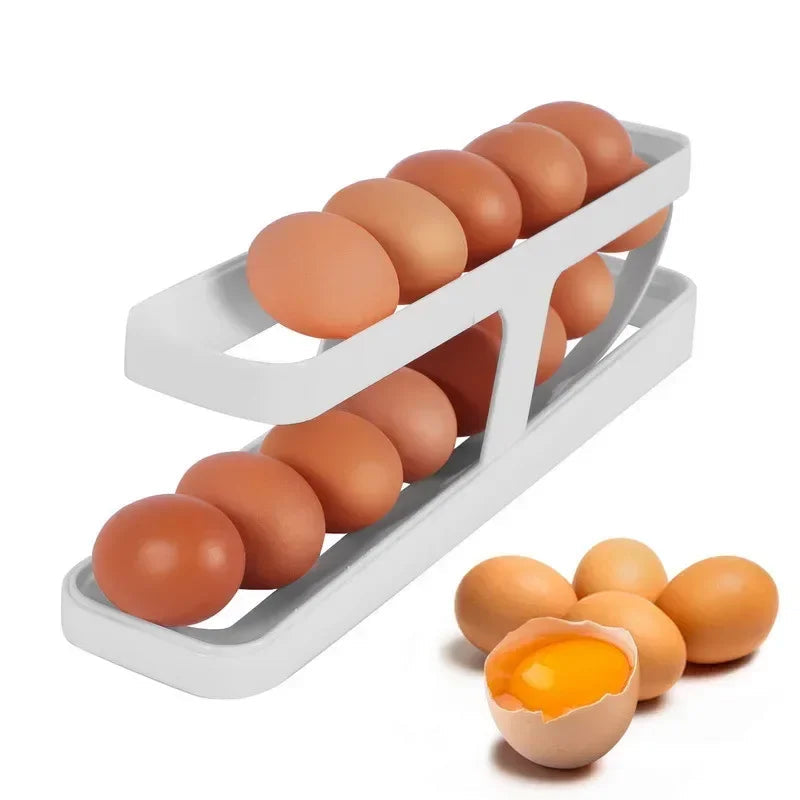 Automatic Rolling Egg Holder Rack – Refrigerator Egg Storage Box Kitchen Fridge Organizer