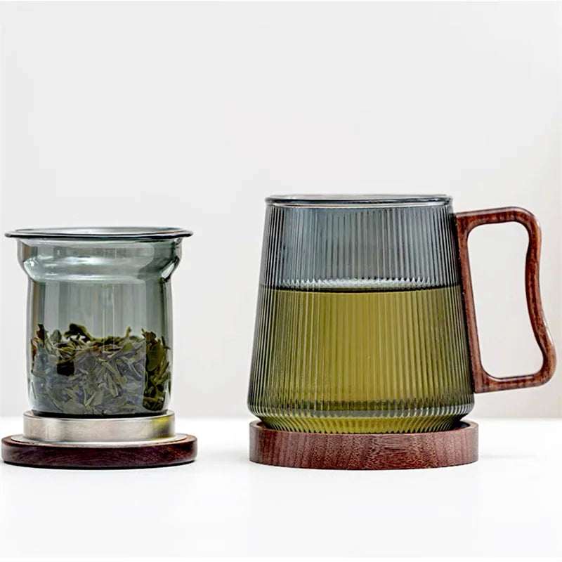 500ML Stripe Heat Resistant Glass Tea Water Separation Tea Cup With Wood Handle Filter Brewing Puer Cups Kung Fu Tea Mug Set