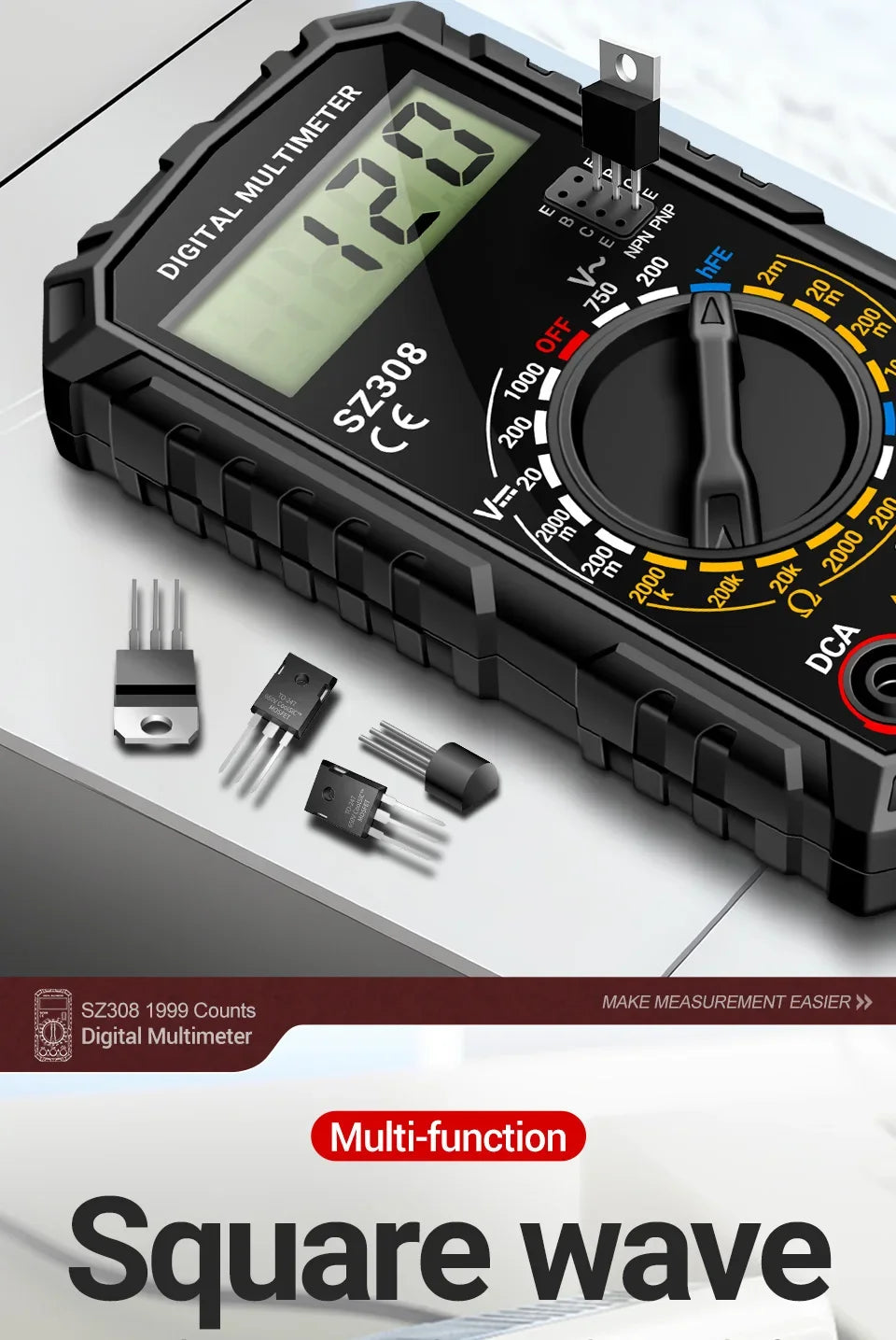 Square Wave Digital Multimeter 1999 Counts HFE Triode Buzzer Tester AC/DC Voltage 10A Current Multimeters Meter Tool