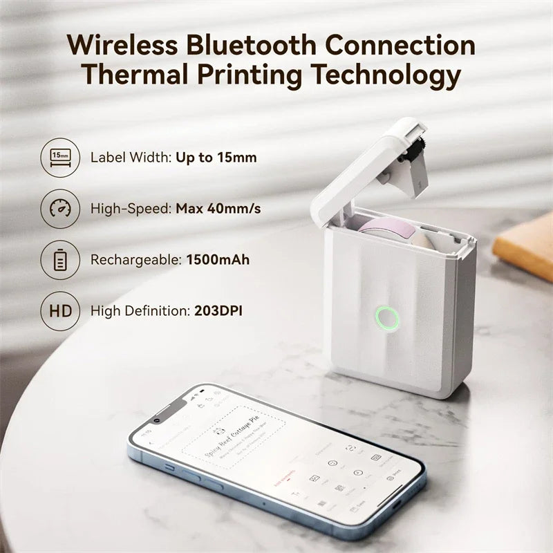 D110 Mini Portable Thermal Label Printer, Bluetooth Wireless Inkless Sticker Maker 12–15mm, Compact Label Machine for Home Organization