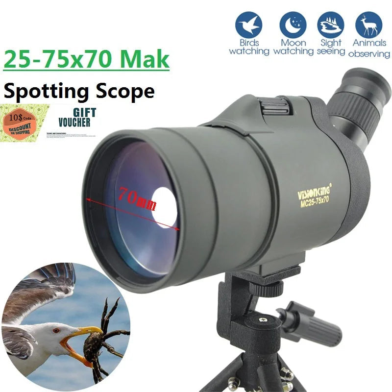 25-75x70 Spotting Scope Powerful FMC BAK4 Zoom Portable Monocular Telescope Birdwatching Moonwatching With Tripod