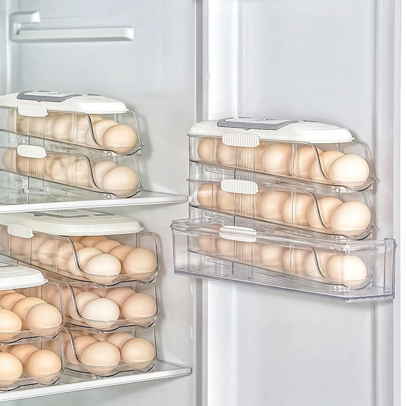 Multi-Layer Automatic Rolling Egg Storage Box – Refrigerator Side Door Egg Tray Rack Organizer