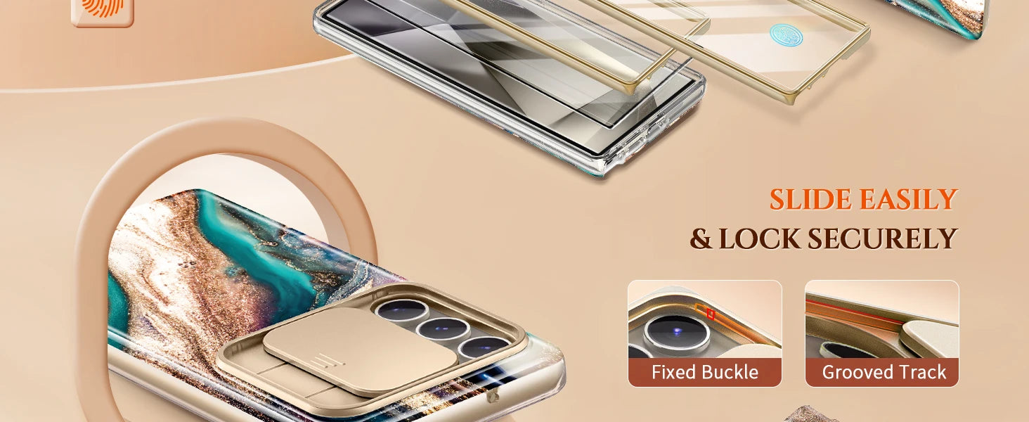 For Samsung Galaxy S24 Ultra Case with 2 Front Frames Slide Camera Lens Protection Heavy Duty Shockproof Marble Phone Case Cover