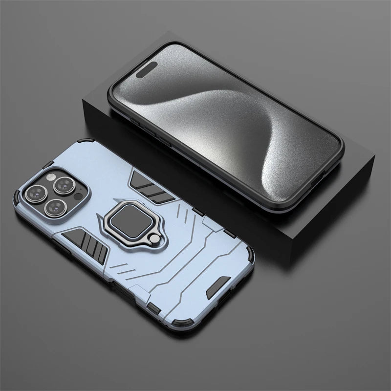 For iPhone 16 Pro Max Case For iPhone 16 Pro Max Cover Armor Silicone PC Finger Ring Stand Phone Shockproof Protector Case