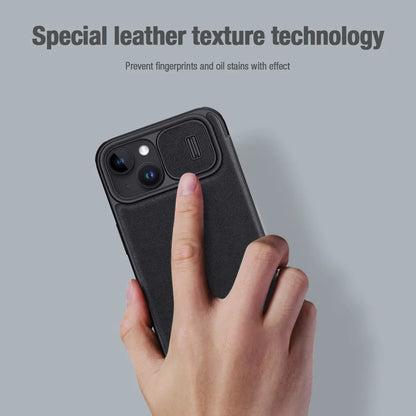 QIN Pro Plain Leather Cloth Case For iPhone 15 Flip Case Shockproof Camera Slider Protection Cover With Card Holder