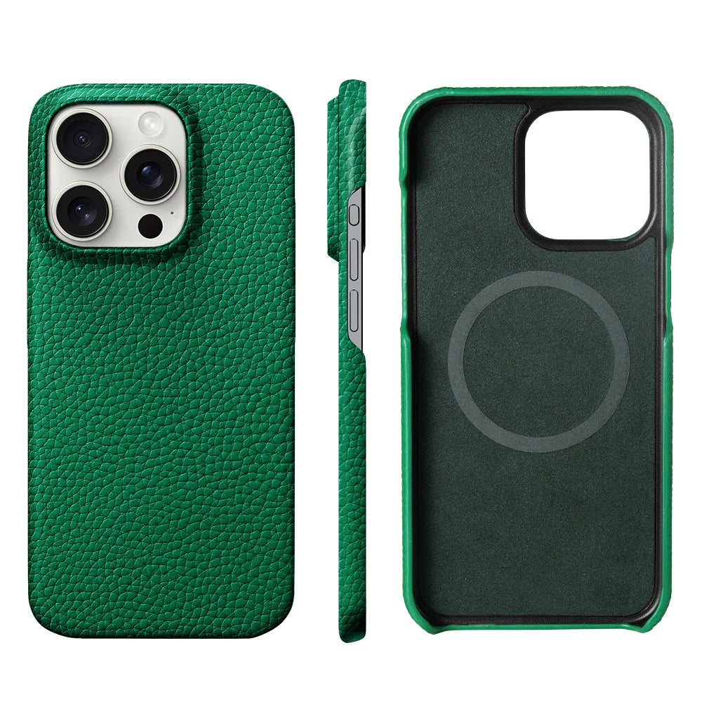 for Magsafe Case for iPhone 15 16 Pro Max Promax 16Pro Natural Cowhide Lychee Leather  Protector Luxury Phone Back Cover
