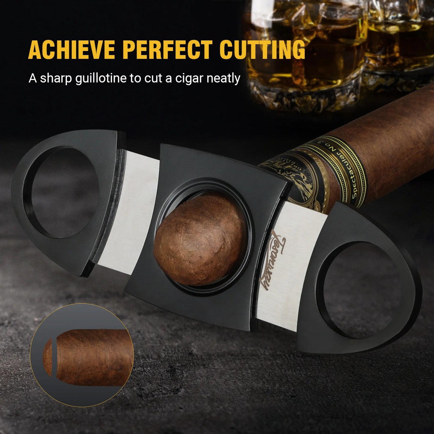 Cigar Cutter with Leather Case for Men, Stainless Steel, Double Cut Blade Guillotine, Cigar Accessories