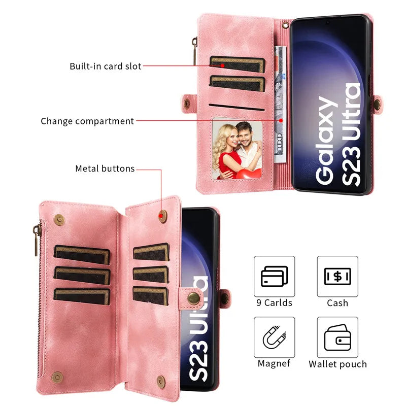 Luxury Leather Flip Wallet Case with Lanyard for Samsung Galaxy S26 / S25 / S24 / S23 Ultra & Plus – Magnetic Full Coverage Phone Bag Cover