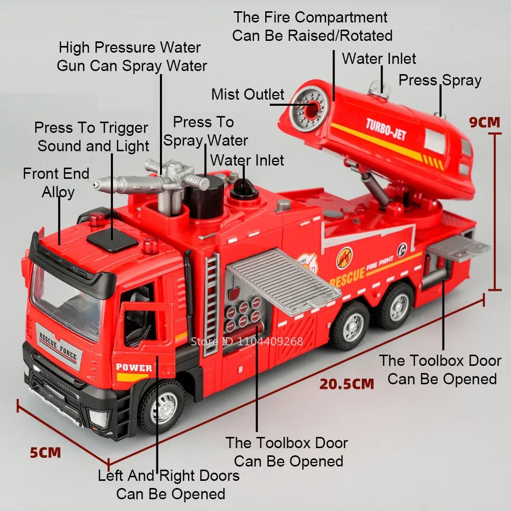 1:32 Water Spray Fog Fire Truck Model Sweeper Toy Car Sound Light Pull Back Doors Opened Vehicles Collection  Gifts