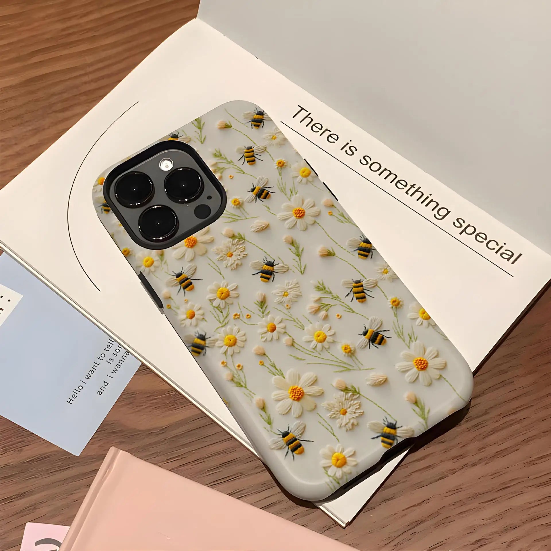 Luxury Embroidery Effect Bee Daisy Flower Phone Case for iPhone 16 15 Pro Max Plus 2 in 1 Hard Protective Cover