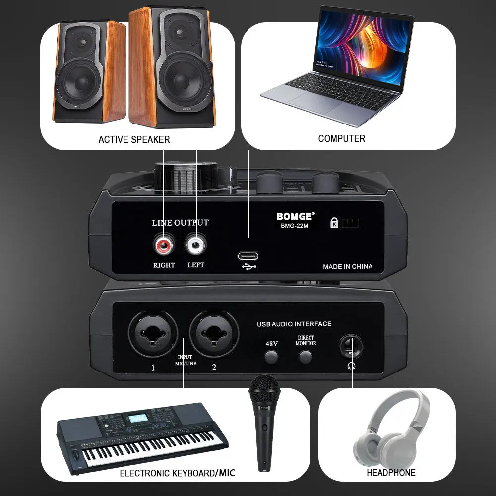 Mini 2 Channel USB Audio Interface with 48V Phantom Power for Recording and Streaming