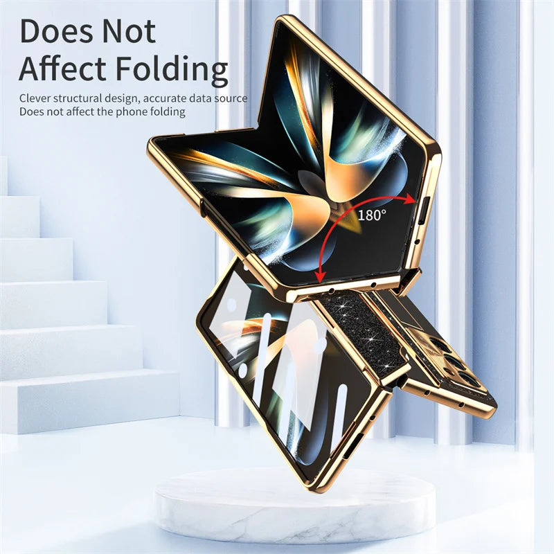 Luxury Flip Leather PC Integrated Phone Case For Samsung Galaxy Z Fold 3 4 5 6 Glitter Series With Holder Phone Protective Case