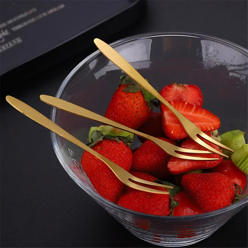 10pcs Stainless Steel Fruit Fork Small Toothpick Multifunctional Fruit Stick Gold Moon Cake Knife Food Picks Kitchen Accessories