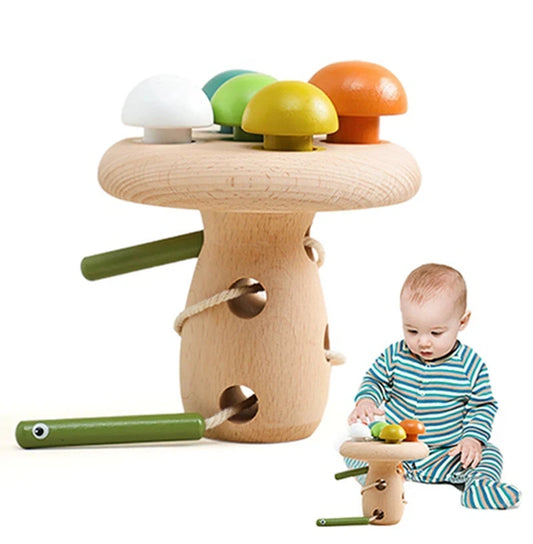 Wooden Baby Montessori Thread Toy Cartoon Mushroom Simulation Toys Natural Building Blocks Place Toys Room Decoration Baby Gifts