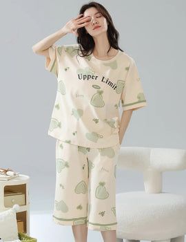 2-Pcs Women’s Summer Cotton Pajama Set – Breathable Short Sleeve Sleepwear with Cute Prints