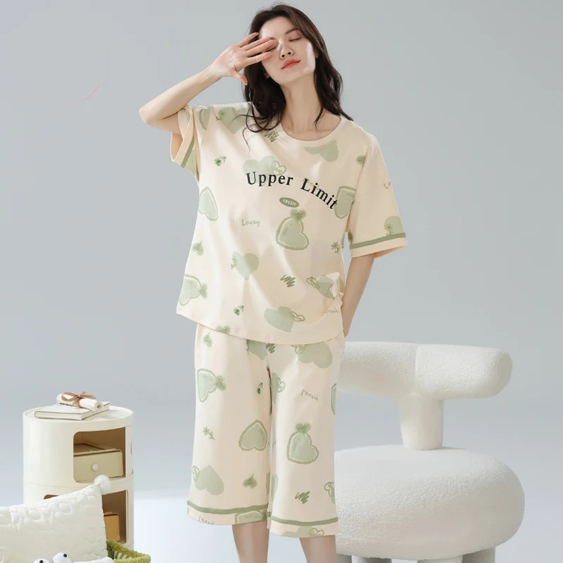 2-Pcs Women’s Summer Cotton Pajama Set – Breathable Short Sleeve Sleepwear with Cute Prints