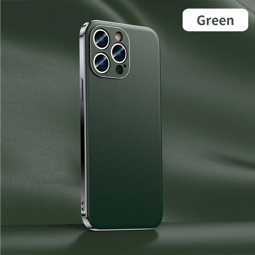 Genuine Cowhide Leather Phone Case for iPhone 16 15 14 Pro Max 14 Plus Plating Shockproof Lens Protection Back Cover