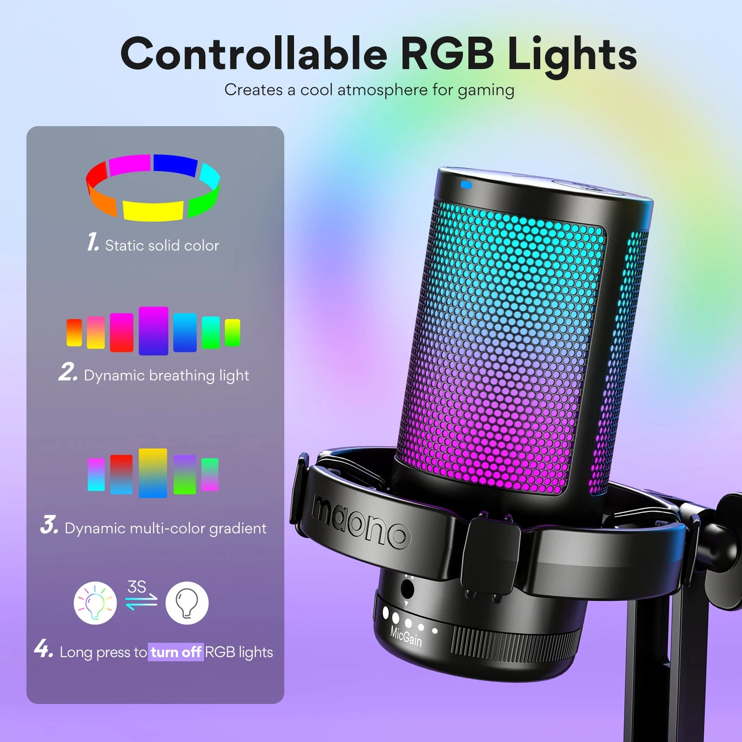 DGM20 Gaming Microphone,USB Microphone Condenser Mic RGB Gaming Mic with Noise reduction software,Mic Gain,One Key Mute