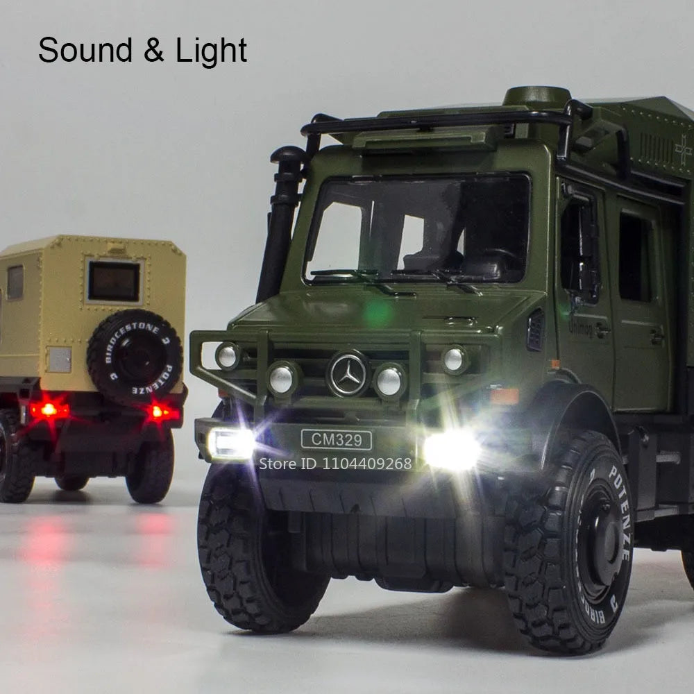 1:28 Scale Unimog U5000 Land Rover Defender Toy Car Model Rubber Tire Alloy Diecast Sound Light Off-Road Vehicle  Toy