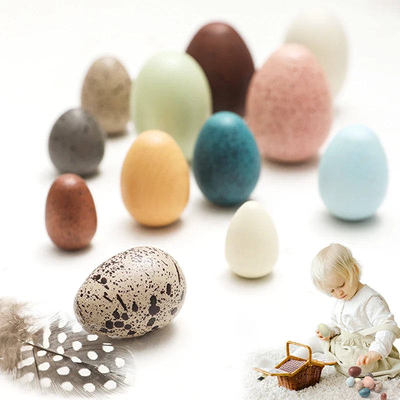 1Set Wooden Color Artificial Egg Toys Easter Eggs Handmade DIY Egg Easter Party Decorations Creative Building Blocks Place Toys