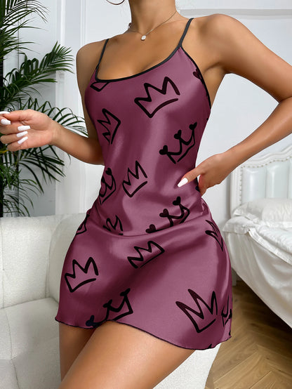 Heart Print Nightdress Elegant Scoop Neck Criss Cross Back Sleep Dress  Women's Sleepwear