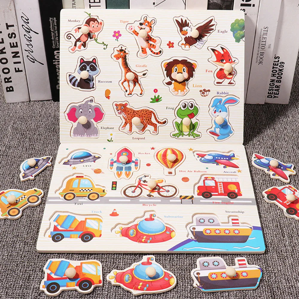 Montessori Wooden Puzzles Hand Grab Boards Toys Tangram Jigsaw  Educational Toys Cartoon Vehicle Animals Fruits 3D Puzzles