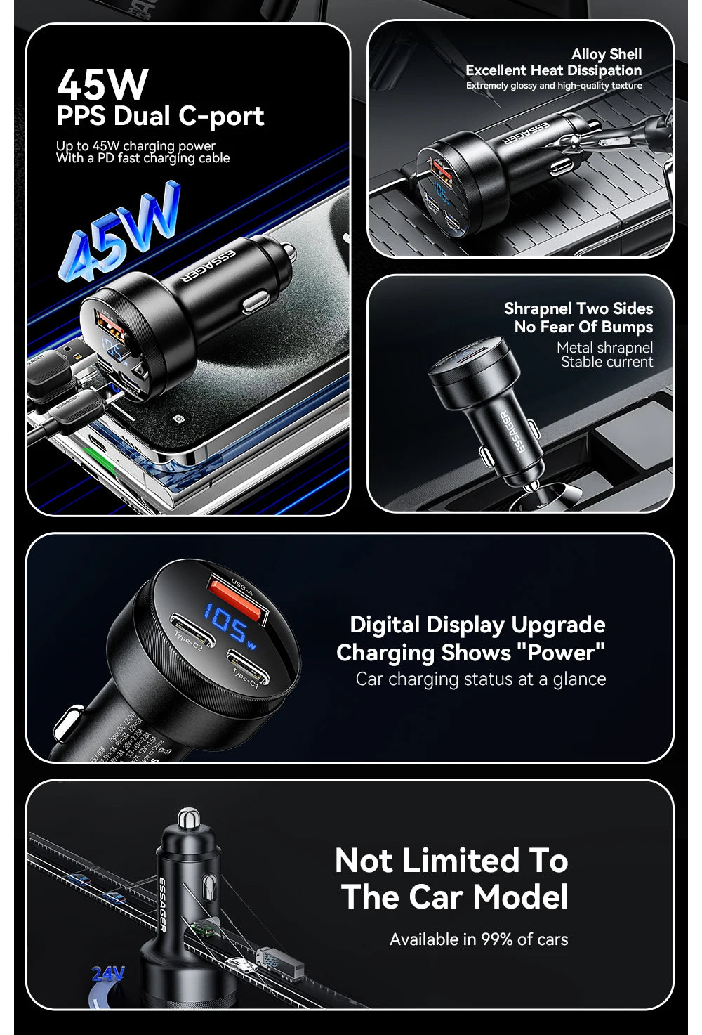 105W USB C Car Charger 3 Port PD 3.0 QC 4.0 Fast Charging GaN Adapter with Digital Display