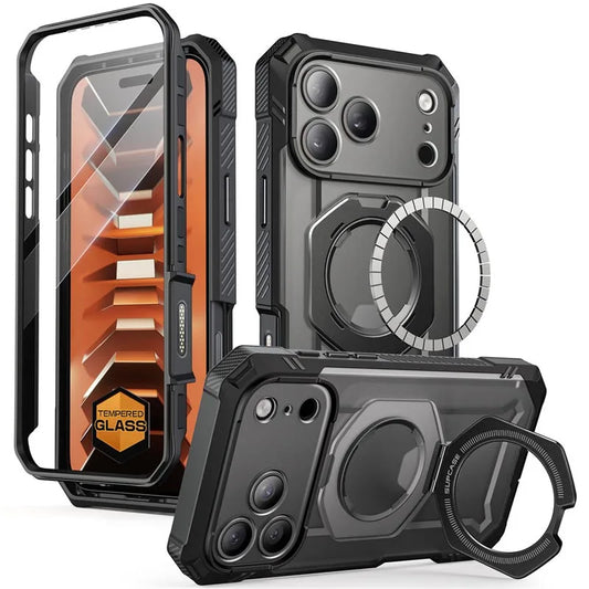 Rugged Magnetic Phone Case with Tempered Glass Screen Protector and Aluminium Kickstand for iPhone 17 Pro Max and iPhone 18 Pro Max