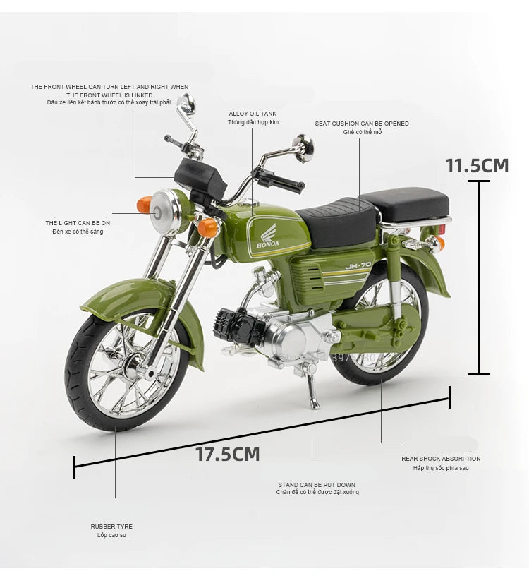 1/10 Scale Honda JiaLing JH-70 Alloy Classic Motorcycle Toys Diecast Simulation Metal Motorcycle Sound and Light Model