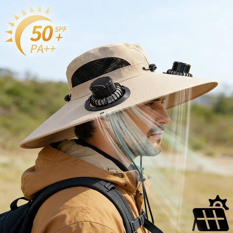 Wide Brim Fishing Hat With Dual Solar Fans