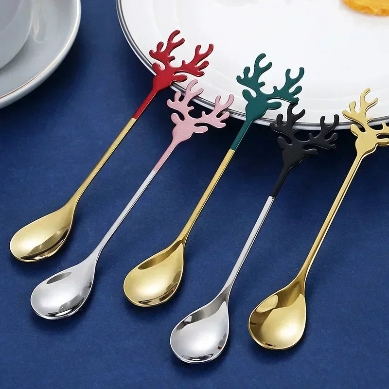 Nordic Dessert Spoon Elk Stainless Steel Coffee Spoons Stirring Tablespoon Little Deer Shape Christmas Tableware New Year Gift