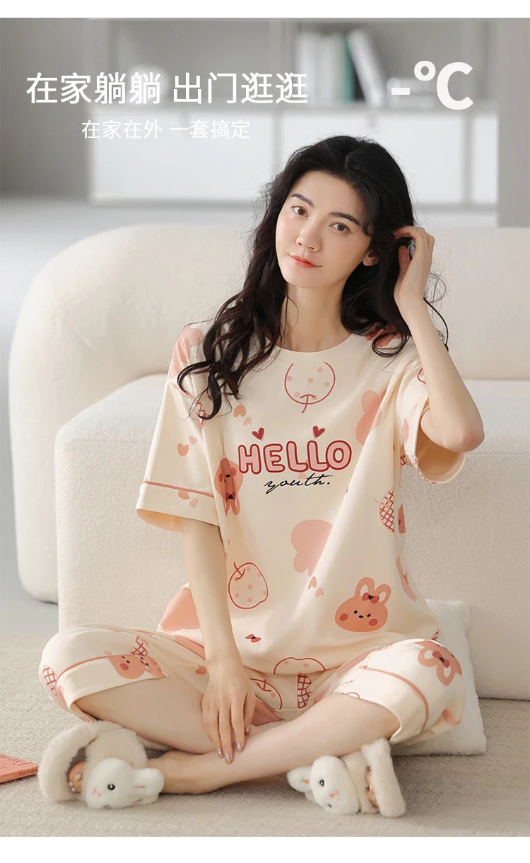 2-Pcs Women’s Cotton Pajama Set – Breathable Short Sleeve Summer Sleepwear with Cute Prints