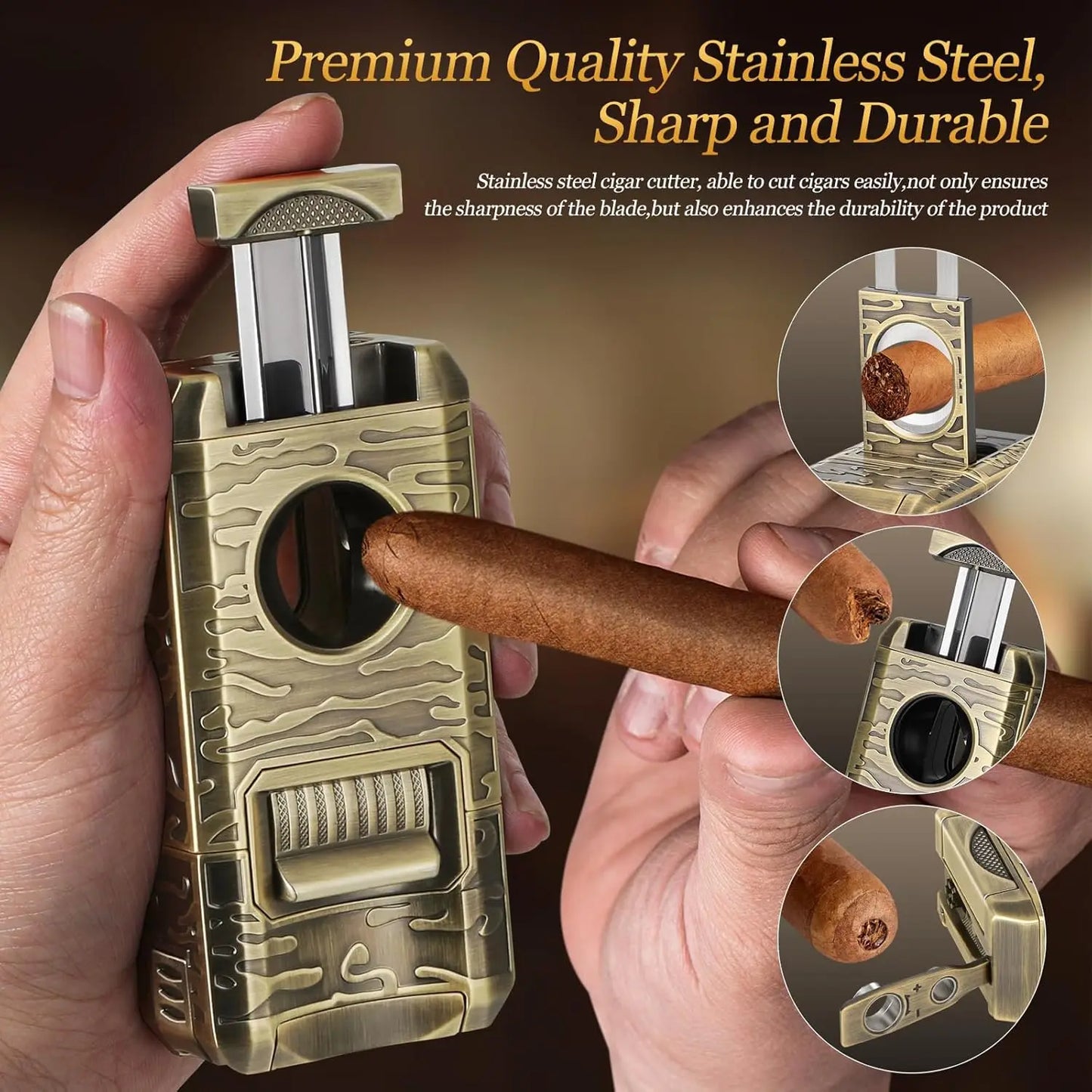 Cigar Lighter, 7-in-1 Cigar Lighter, Dual-Flame Windproof, Built-in Dual Punch, V-Cut, Flat Cut, Cigar Holder (No Butane)